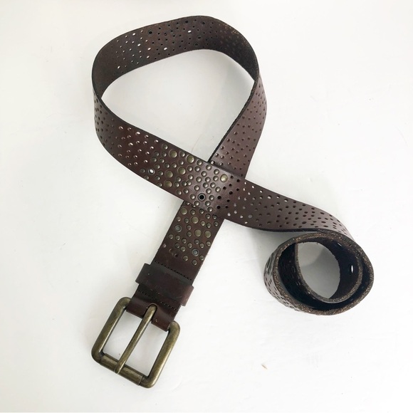 Brown leather, eyelet, studded, chunky hardware belt - Picture 4 of 7